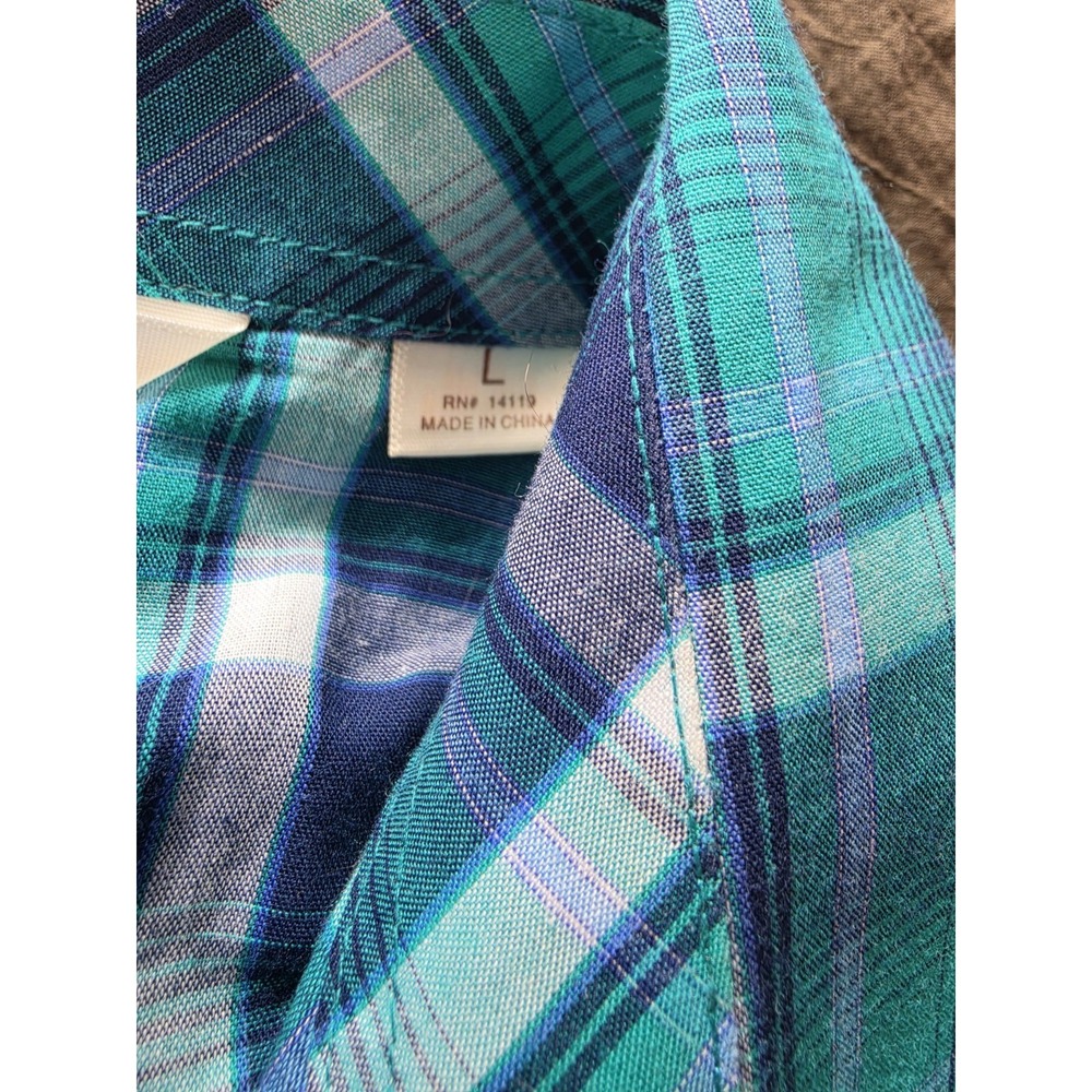 Western Cowgirl Plaid Pearl Snap Shirt Women L Embroidered Rodeo Y2K Teal Blue - Picture 5 of 6